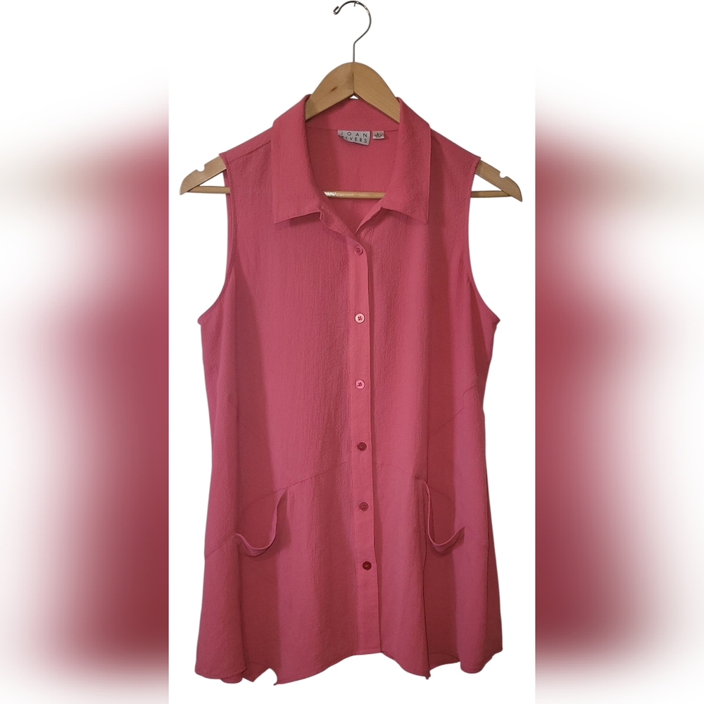 (2)Joan Rivers Tunic Sleeveless Crepe Gauze Pink Yellow Large Stretch Shirt Top - Picture 3 of 15